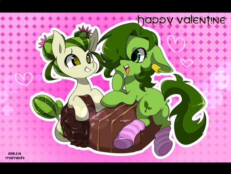 Size: 1200x907 | Tagged: safe, artist:potetecyu_to, derpibooru import, oc, oc:saboco, cactus pony, earth pony, pony, cactus, candy, clothes, duo, female, food, mare, smiling, socks, striped socks, sweets