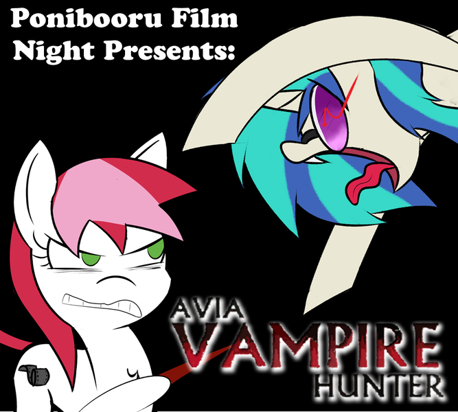 Size: 1000x900 | Tagged: safe, artist:daisyhead, derpibooru import, vinyl scratch, oc, oc:flicker, unofficial characters only, ponibooru film night, avia vampire hunter