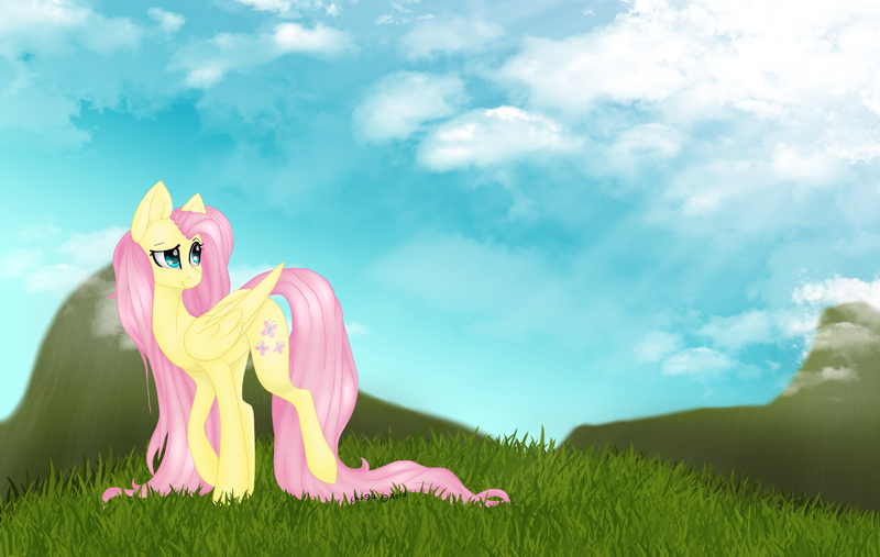 Size: 2466x1564 | Tagged: safe, artist:acidthead, artist:sodapopfairypony, derpibooru import, fluttershy, pegasus, pony, collaboration, crepuscular rays, female, folded wings, grass, head turn, looking away, mare, raised hoof, raised leg, sky, smiling, solo, wings