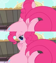Size: 1920x2160 | Tagged: suggestive, artist:niggerfaggot, artist:spookitty, derpibooru import, pinkie pie, pony, balloonbutt, bedroom eyes, close-up, dock, download at source, downloadable, fangame, friendship express, looking at you, looking back, looking back at you, movie accurate, outdoors, plot, pony tale adventures, sitting, smiling, visual novel