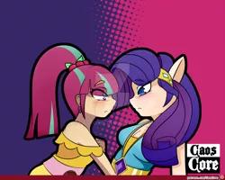 Size: 1024x819 | Tagged: safe, artist:caoscore, derpibooru import, rarity, sour sweet, equestria girls, blushing, female, lesbian, shipping, sourity, watermark
