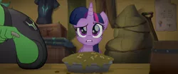 Size: 1920x804 | Tagged: safe, derpibooru import, screencap, boyle, twilight sparkle, twilight sparkle (alicorn), alicorn, anthro, parrot pirates, pony, my little pony: the movie, anthro with ponies, bird seed, confused, food, gruel, pirate, pudding, seeds, solo focus