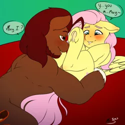 Size: 4000x4000 | Tagged: suggestive, artist:mr.smile, derpibooru import, fluttershy, oc, oc:boulder, semi-anthro, blushing, bouldshy, canon x oc, comic, female, human shoulders, imminent cunnilingus, male, on back, smiling, speech bubble, straight, underhoof, verbal consent