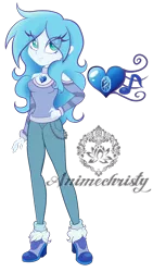 Size: 1556x2750 | Tagged: safe, artist:animechristy, derpibooru import, oc, oc:sapphire heart song, unofficial characters only, equestria girls, ankle boots, blue hair, clothes, cutie mark, equestria girls-ified, eyeshadow, female, fur, hand on hip, heart necklace, jeans, jewelry, long hair, makeup, necklace, over the shoulder, pants, sapphire, simple background, solo, sweater, transparent background