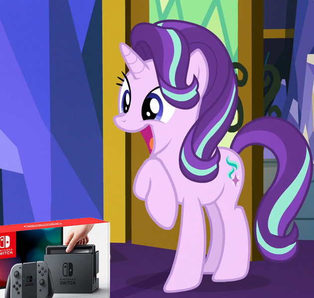 Size: 878x835 | Tagged: safe, derpibooru import, edit, edited screencap, screencap, starlight glimmer, pony, unicorn, meme, nintendo switch, open mouth, solo