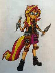 Size: 2340x3083 | Tagged: safe, artist:bozzerkazooers, derpibooru import, sunset shimmer, equestria girls, equestria girls series, kunai, ponied up, solo, weapon