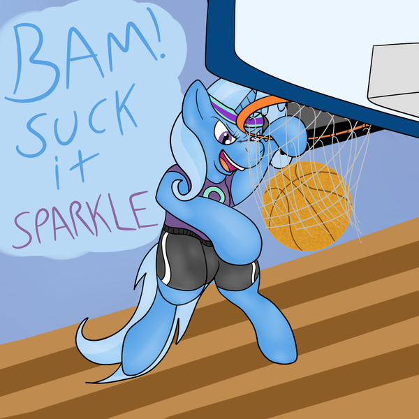 Size: 1200x1200 | Tagged: safe, artist:pavlovzdawg, derpibooru import, trixie, unicorn, basketball, clothes, dunk, female, headband, mare, shirt, shorts, solo, sports, text