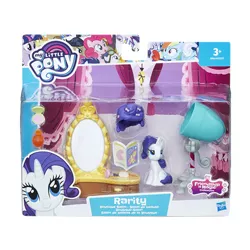 Size: 489x489 | Tagged: safe, derpibooru import, rarity, pony, unicorn, blind bag, friendship is magic collection, hair dryer, magazine, mirror, ponyville spa, sitting, spa, toy, wardrobe