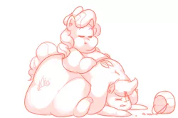 Size: 950x630 | Tagged: artist:secretgoombaman12345, ask chubby diamond, belly, belly button, big belly, candy, chubby cheeks, derpibooru import, diamond tiara, eyes closed, fat, food, large butt, monochrome, morbidly obese, obese, scootaloo, simple background, squashing, stay puft marshmallow man, suggestive