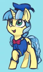 Size: 489x806 | Tagged: source needed, useless source url, safe, artist:lilfunkman, derpibooru import, oc, oc:ducky ink, unofficial characters only, pony, unicorn, blue background, braid, braided tail, clothes, cosplay, costume, cute, donald duck, female, lilfunkman is trying to murder us, mare, raised hoof, simple background, solo