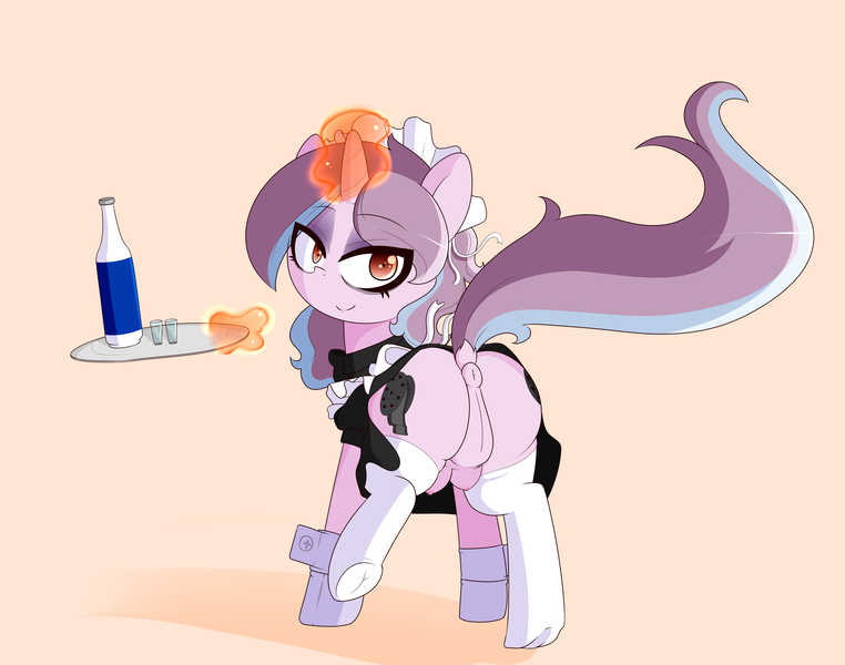 Size: 4000x3150 | Tagged: explicit, artist:fullmetalpikmin, derpibooru import, oc, oc:love scene, unofficial characters only, pony, unicorn, alcohol, anus, clothes, crotchboobs, dock, female, glowing horn, looking at you, looking back, looking back at you, magic, maid, mare, milf, mother, nipples, nudity, old, ponut, presenting, simple background, socks, solo, solo female, telekinesis, thigh highs, underhoof, vagina, vulva