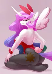 Size: 2480x3507 | Tagged: suggestive, artist:underpable, derpibooru import, part of a set, princess celestia, alicorn, anthro, pony, unguligrade anthro, breasts, bunny ears, bunny suit, bunnylestia, busty princess celestia, clothes, cuffs (clothes), curved horn, cutie mark, female, full body, kneeling, leotard, lip bite, looking at you, looking back, looking back at you, mare, missing shoes, multicolored mane, multicolored tail, pantyhose, pink mane, pink-mane celestia, playboy bunny, praise the sun, sexy, sideboob, smiling, solo, solo female, sunbutt, thong leotard, wings