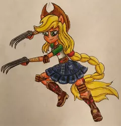 Size: 2367x2468 | Tagged: safe, artist:bozzerkazooers, derpibooru import, applejack, equestria girls, equestria girls series, geode of super strength, magical geodes, ponied up, shuko hand claws, solo, traditional art, weapon