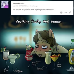 Size: 1800x1800 | Tagged: safe, artist:deyogee, derpibooru import, oc, ponified, pony, unicorn, ahegao, alcohol, bar, bellini, blushing, booze, cocktails, crossover, daiquiri, dialogue, drunk, fright night, fruit, happy, liquor, male, margarita, open mouth, peter vincent, solo, stallion, tongue out, tumblr, tumblr comic