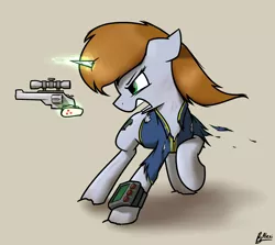 Size: 2800x2500 | Tagged: safe, artist:alexi148, derpibooru import, oc, oc:littlepip, pony, unicorn, fallout equestria, fanfic, clothes, fanfic art, female, glowing horn, gun, handgun, high res, hooves, horn, levitation, little macintosh, magic, mare, open mouth, pipbuck, revolver, simple background, solo, teeth, telekinesis, torn clothes, vault suit, weapon