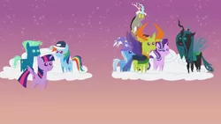 Size: 1280x720 | Tagged: safe, derpibooru import, discord, queen chrysalis, rainbow dash, sky stinger, starlight glimmer, thorax, trixie, twilight sparkle, twilight sparkle (alicorn), alicorn, changedling, changeling, draconequus, pegasus, pony, unicorn, cap, cloud, cutie mark, fangs, female, floppy ears, flying, hat, hooves, horn, horns, king thorax, mare, on a cloud, open mouth, pointy ponies, smiling, spread wings, standing on cloud, stars, wings