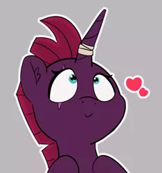 Size: 1280x1369 | Tagged: safe, artist:pabbley, derpibooru import, fizzlepop berrytwist, tempest shadow, pony, unicorn, my little pony: the movie, 30 minute art challenge, bandage, bandaged horn, broken horn, bust, close enough, cute, eye scar, gray background, heart, looking up, malocclusion, scar, simple background, smiling, solo, tempest gets her horn back, tempestbetes