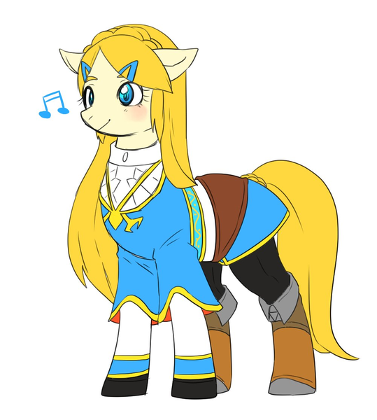 Size: 1001x1115 | Tagged: safe, artist:hosikawa, derpibooru import, ponified, earth pony, pony, clothes, female, mare, music notes, princess zelda, simple background, solo, the legend of zelda, the legend of zelda: breath of the wild, white background