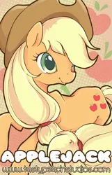 Size: 418x650 | Tagged: safe, artist:mooglegurl, artist:tastypeach, derpibooru import, applejack, earth pony, pony, cowboy hat, cutie mark background, female, hat, mare, solo