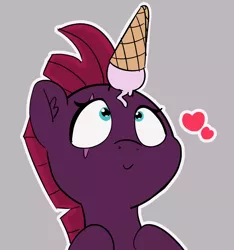 Size: 1964x2101 | Tagged: safe, artist:dsp2003, artist:pabbley, derpibooru import, edit, fizzlepop berrytwist, tempest shadow, pony, my little pony: the movie, broken horn, bust, close enough, cute, daaaaaaaaaaaw, dropped ice cream, eye scar, female, food, gray background, heart, ice cream, ice cream cone, ice cream horn, looking up, scar, simple background, smiling, solo, tempest gets her horn back, tempestbetes