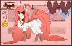 Size: 1024x657 | Tagged: safe, artist:little-sketches, derpibooru import, oc, oc:aki, unofficial characters only, pegasus, pony, chest fluff, collar, colored hooves, colored wings, colored wingtips, ear fluff, female, fluffy, heterochromia, long hair, long tail, looking at you, mare, pet tag, reference sheet, socks (coat marking), solo, two toned wings