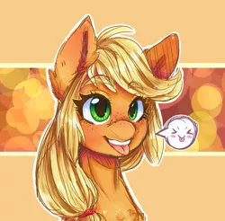 Size: 1600x1574 | Tagged: safe, artist:kitsu-chan11, derpibooru import, applejack, earth pony, pony, bust, emoticon, female, hatless, mare, missing accessory, smiling, solo, speech bubble, tongue out