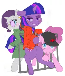 Size: 1700x1989 | Tagged: safe, artist:baigak, derpibooru import, pinkie pie, rarity, twilight sparkle, earth pony, pony, semi-anthro, unicorn, baseball cap, blushing, cap, clothes, ear piercing, earring, female, grin, hat, hoodie, jewelry, lidded eyes, looking at you, looking back, piercing, simple background, smiling, sunglasses, trenchcoat, white background