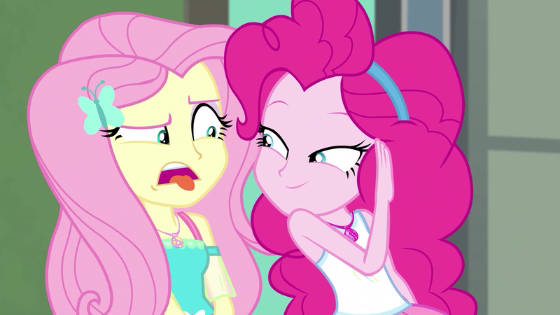 Size: 1919x1080 | Tagged: safe, derpibooru import, screencap, fluttershy, pinkie pie, equestria girls, equestria girls series, forgotten friendship, disgusted, duo, mirrored, out of context, tongue out