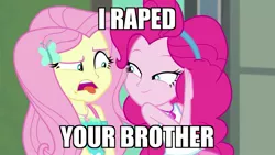 Size: 1919x1080 | Tagged: semi-grimdark, suggestive, derpibooru import, edit, edited screencap, screencap, fluttershy, pinkie pie, equestria girls, equestria girls series, forgotten friendship, caption, disgusted, duo, image macro, implied rape, implied sex, implied zephyr breeze, meme, tongue out