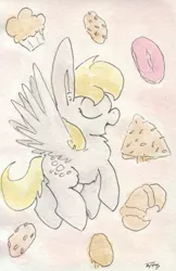 Size: 692x1070 | Tagged: safe, artist:slightlyshade, derpibooru import, derpy hooves, pegasus, pony, bread, croissant, donut, eyes closed, female, fluffy, flying, food, mare, muffin, open mouth, solo, spread wings, traditional art, watercolor painting, wings