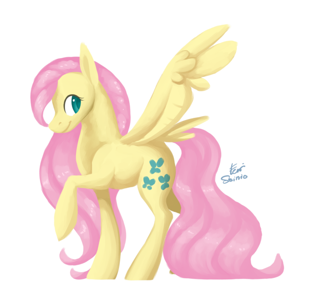 Size: 3200x3050 | Tagged: safe, artist:eeviart, derpibooru import, fluttershy, pegasus, pony, alternate cutie mark, colored pupils, female, looking away, looking sideways, mare, raised hoof, simple background, smiling, solo, spread wings, standing, tail feathers, transparent background, wings