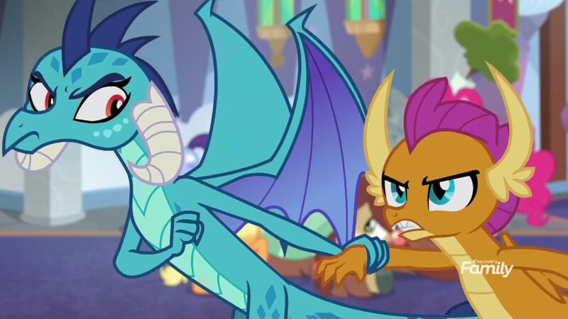 Size: 1920x1080 | Tagged: safe, derpibooru import, screencap, applejack, princess ember, smolder, yona, dragon, earth pony, pony, yak, school daze, angry, annoyed, brat, claws, clenched fist, defiant, discovery family logo, dragoness, duo focus, ember is not amused, fangs, female, folded wings, forced, frown, gritted teeth, horns, looking at each other, pulling, rebellious teen, school of friendship, sin of pride, slit eyes, smolder is not amused, spread wings, teenaged dragon, teenager, wrist grab