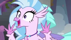 Size: 1920x1080 | Tagged: classical hippogriff, derpibooru import, diastreamies, discovery family logo, hippogriff, jazz hands, jewelry, necklace, safe, school daze, screencap, silverstream, solo focus