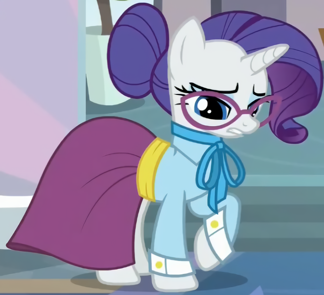 Size: 1140x1038 | Tagged: safe, derpibooru import, screencap, rarity, pony, unicorn, school daze, clothes, cropped, cummerbund, eyeshadow, female, glasses, hair bun, horn, looking down, makeup, mare, outfit catalog, raised hoof, sash, schoolmarm rarity, shirt, skirt, solo, standing, teacher