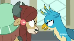 Size: 1920x1080 | Tagged: safe, derpibooru import, screencap, gallus, yona, gryphon, yak, school daze, angry, argument, bickering, cloven hooves, discovery family logo, duo, female, glare, gritted teeth, male, nub, raised hoof, rivalry