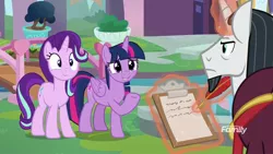 Size: 1920x1080 | Tagged: safe, derpibooru import, screencap, chancellor neighsay, starlight glimmer, twilight sparkle, twilight sparkle (alicorn), alicorn, pony, unicorn, school daze, discovery family logo, magic, telekinesis