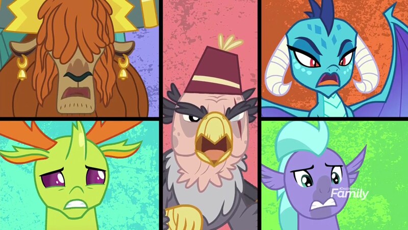 Size: 1920x1080 | Tagged: safe, derpibooru import, screencap, grampa gruff, prince rutherford, princess ember, seaspray, thorax, changedling, changeling, classical hippogriff, dragon, gryphon, hippogriff, yak, school daze, blind eye, discovery family logo, eye scar, fez, hat, king thorax, scar, split screen