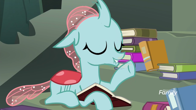 Size: 1920x1080 | Tagged: book, changedling, changeling, derpibooru import, discovery family logo, eyes closed, lip bite, ocellus, raised hoof, safe, school daze, screencap, solo