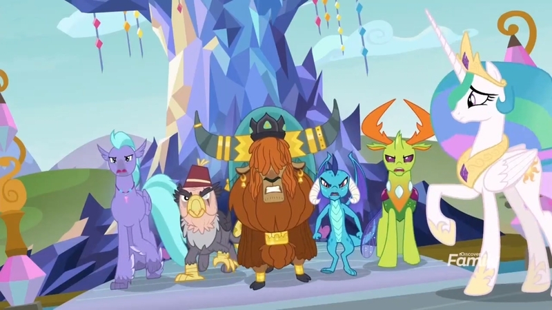 Size: 1366x768 | Tagged: safe, derpibooru import, screencap, grampa gruff, prince rutherford, princess celestia, princess ember, seaspray, thorax, alicorn, changedling, changeling, classical hippogriff, dragon, gryphon, hippogriff, pony, yak, school daze, angry, blind eye, changeling king, cloven hooves, dragoness, eye scar, female, fez, hat, horn ring, king thorax, raised hoof, scar, twilight's castle