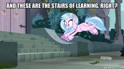 Size: 600x337 | Tagged: classical hippogriff, derpibooru import, edit, edited screencap, hippogriff, image macro, jewelry, meme, necklace, new student starfish, safe, school daze, screencap, silverstream, solo, spongebob squarepants, stairs, that hippogriff sure does love stairs