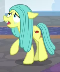 Size: 484x583 | Tagged: safe, derpibooru import, screencap, ocellus, changeling, earth pony, pony, school daze, cropped, disguise, disguised changeling, female, pony ocellus, raised hoof, scared, solo