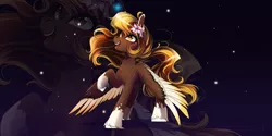 Size: 1600x800 | Tagged: safe, artist:wilvarin-liadon, derpibooru import, oc, oc:meze diapason, unofficial characters only, pegasus, pony, colored wings, colored wingtips, female, flower, flower in hair, jewelry, looking up, mare, multicolored wings, necklace, night, night sky, open mouth, raised hoof, sky, smiling, socks (coat marking), solo, spread wings, stars, unshorn fetlocks, wings, ych result, zoom layer