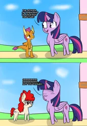Size: 2243x3251 | Tagged: safe, artist:artiks, derpibooru import, smolder, twilight sparkle, twilight sparkle (alicorn), twist, alicorn, dragon, earth pony, pony, school daze, 2 panel comic, claws, comic, cutie mark, dragon wings, dragoness, eyes closed, fangs, female, filly, foal, glasses, hooves, horn, horns, mare, open mouth, twist is worst pony, wings