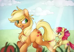 Size: 7016x4961 | Tagged: safe, artist:cutepencilcase, derpibooru import, apple bloom, applejack, earth pony, pony, absurd resolution, apple siblings, chest fluff, duo, duo female, female, filly, mare, running, scenery, sisters, smiling