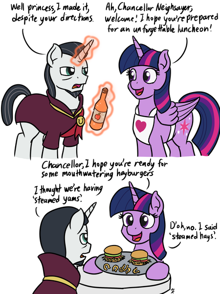 Size: 1280x1707 | Tagged: safe, artist:mkogwheel, derpibooru import, chancellor neighsay, twilight sparkle, twilight sparkle (alicorn), alicorn, pony, unicorn, school daze, burger, comic, dialogue, duo, female, food, hay burger, male, mare, meme, simple background, simpsons did it, stallion, steamed hams, that was fast, the simpsons, white background