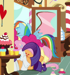 Size: 472x506 | Tagged: safe, derpibooru import, screencap, applejack, fluttershy, pinkie pie, rainbow dash, rarity, earth pony, pegasus, pony, unicorn, school daze, animated, bucking, butt, buttstuck, cropped, cupcake, dialogue, door, female, food, hoofy-kicks, horses doing horse things, mare, out of context, plot, silly, silly pony, stuck, sugarcube corner, tail, wat