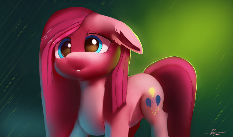 Size: 4000x2350 | Tagged: safe, artist:auroriia, derpibooru import, pinkie pie, earth pony, pony, cute, cuteamena, female, mare, pinkamena diane pie, rain, smiling, solo, wet mane