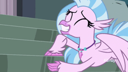 Size: 902x508 | Tagged: animated, classical hippogriff, cute, derpibooru import, diastreamies, flying, hippogriff, jewelry, necklace, rubbing, safe, school daze, screencap, silverstream, solo, stairs, stair worship, that hippogriff sure does love stairs