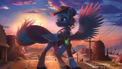 Size: 1920x1080 | Tagged: safe, artist:discordthege, derpibooru import, oc, oc:lightning flash, unofficial characters only, pegasus, pony, fallout equestria, clothes, cloud, commission, cowboy hat, hat, looking away, male, pipboy, pipbuck, raised hoof, scenery, sheriff's badge, sky, smiling, solo, spread wings, stallion, stetson, sunset, telephone pole, wings