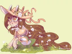 Size: 1024x768 | Tagged: safe, artist:nebulanovia, derpibooru import, oc, earth pony, frog pony, hybrid, pony, blushing, capelet, clothes, cloven hooves, cute, female, flower, flower in hair, grass, hat, looking up, mare, my hero academia, quirked pony, raised hoof, simple background, sitting, solo, species swap, tsuyu asui, yellow background